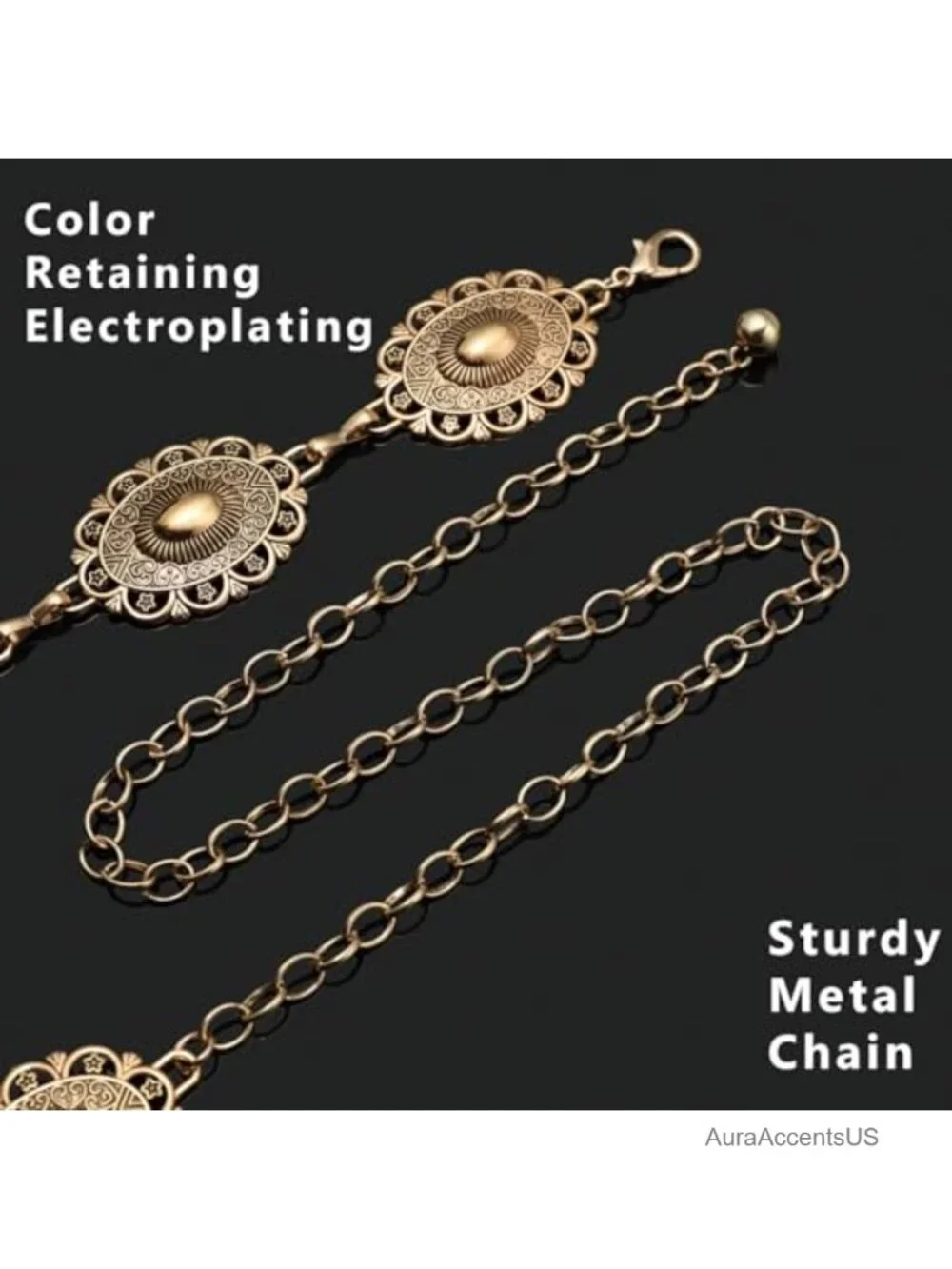 Western Cowgirl Adjustable Metal Concho Chain Belts for Dresses Jeans
